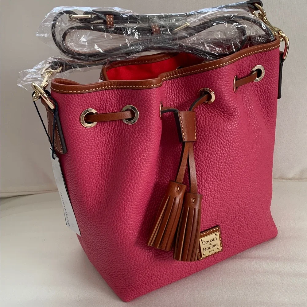 Dooney & Bourke Pink Pebble Leather Drawstring Shoulder Bag with Brown Trim - Picture 1 of 7